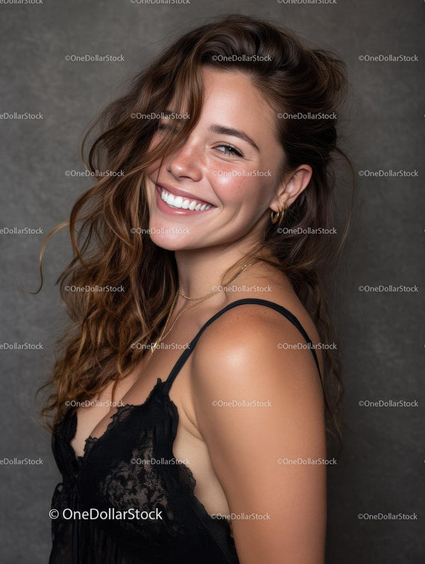 Smiling Young Woman with Wavy Hair in Black Lace Top Stock Photo