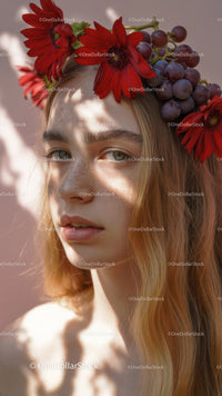 Young Woman with Red Floral Crown and Purple Grapes Outdoor Portrait