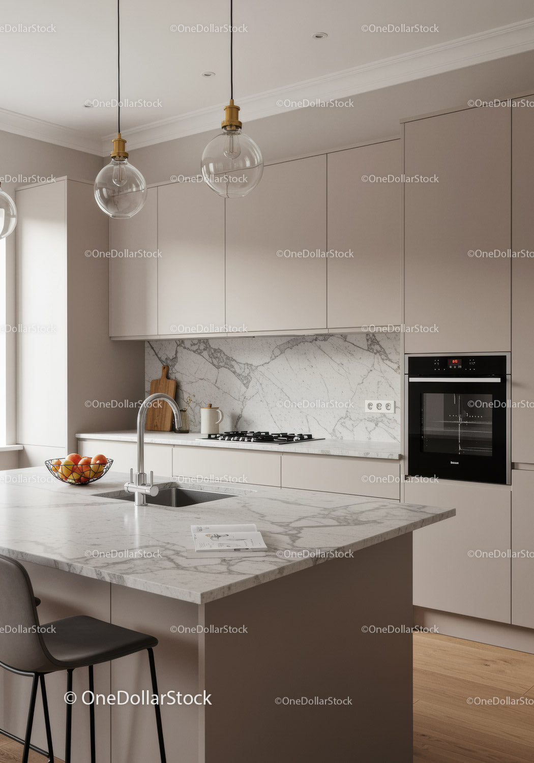 Modern Beige Kitchen with Marble Countertop and Built-In Oven