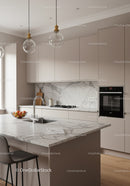Modern Beige Kitchen with Marble Countertop and Built-In Oven