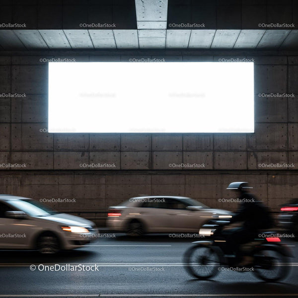Blurred motion of vehicles passing under urban billboard JPG Mockup Image