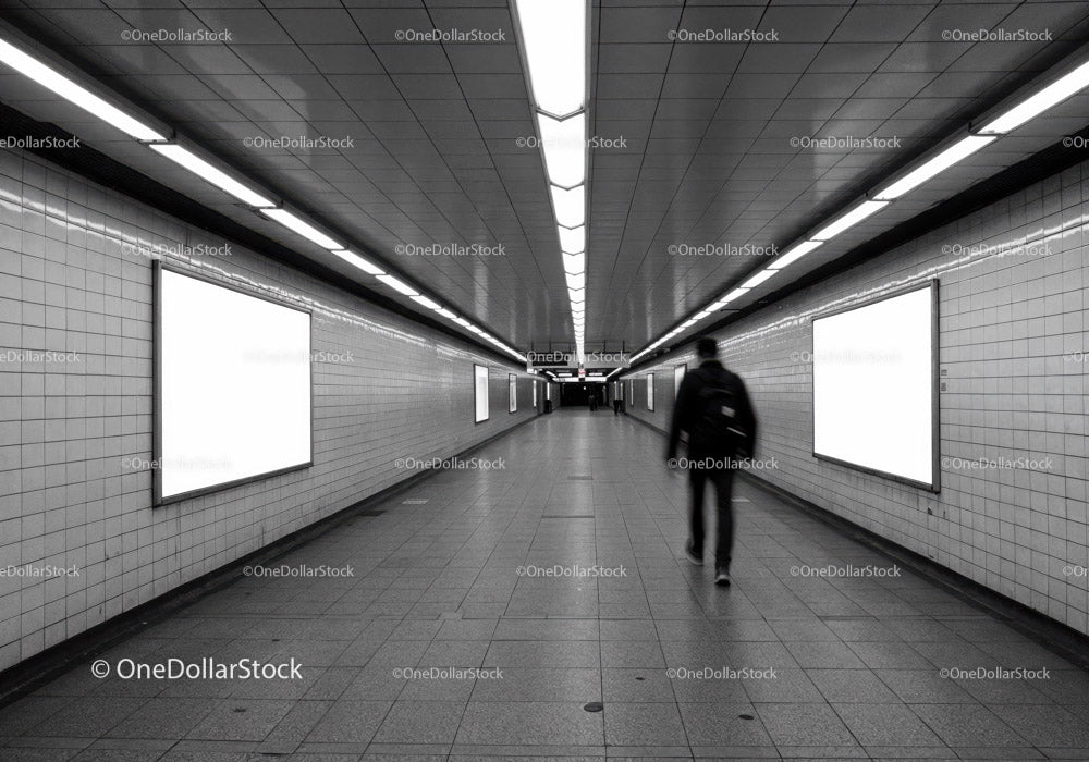 Minimalist Subway Tunnel with Tiled Walls and Modern Lighting