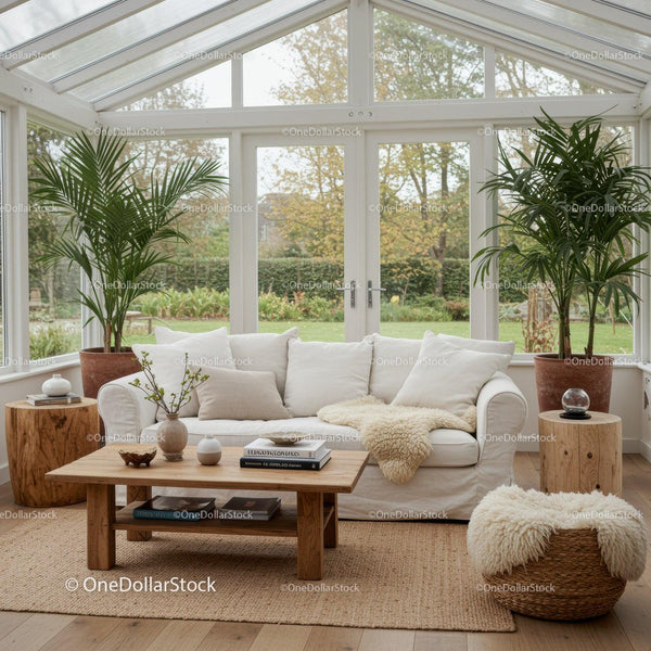 Cozy sunroom with white sofa and natural decor