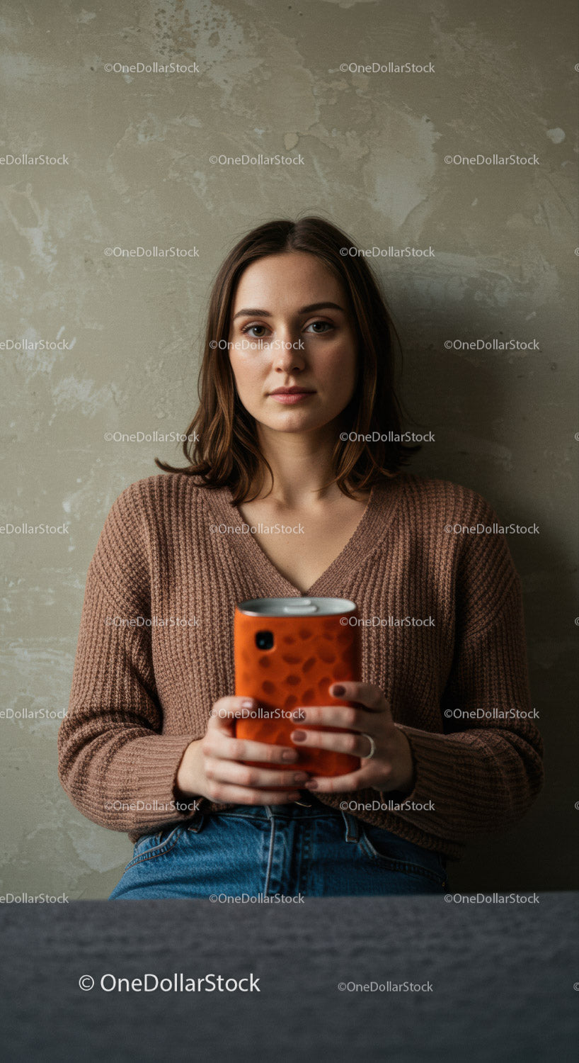 Young Woman Holding Smartphone in Casual Indoor Setting