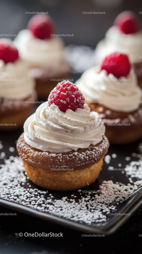 Vanilla Cupcake with Raspberry Topping on Black Serving Plate Stock Photo Bundle (32 JPG Files)