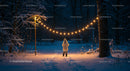 Child standing beneath warm string lights in snowy forest