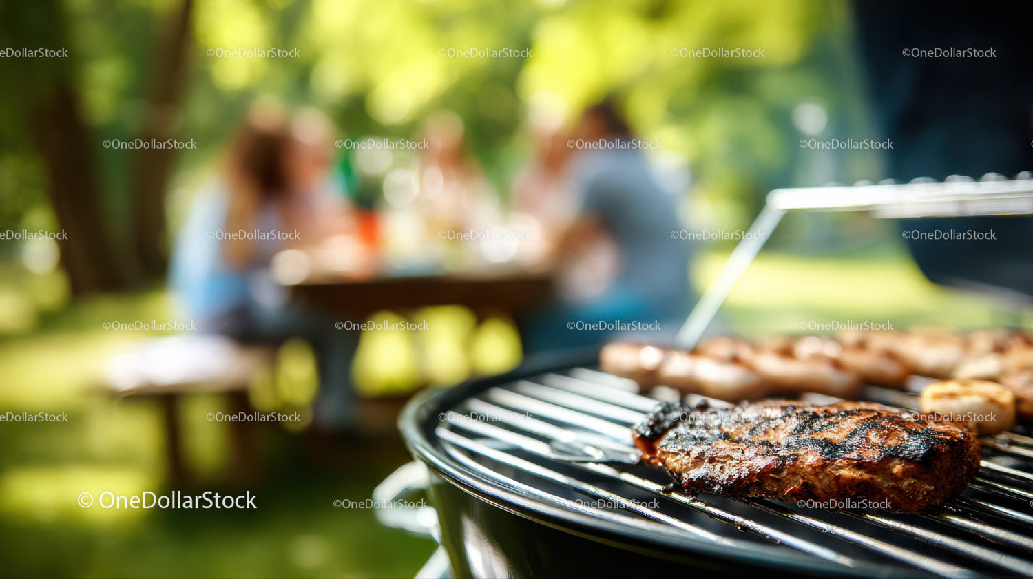 Grilled meat on barbecue grill with people enjoying outdoor dining