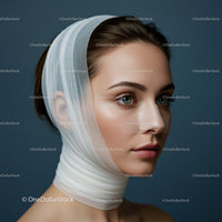 Close-up of a Woman with Facial Bandage for Medical Treatment