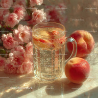 Peach and Pink Floral Sparkling Water in Bright Sunlit Scene