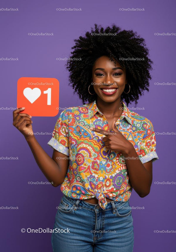 Happy Young Woman with Bright Colorful Shirt Holding Like Icon