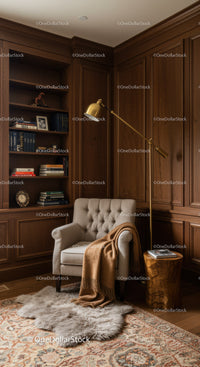 Cozy reading nook with classic armchair and warm blanket