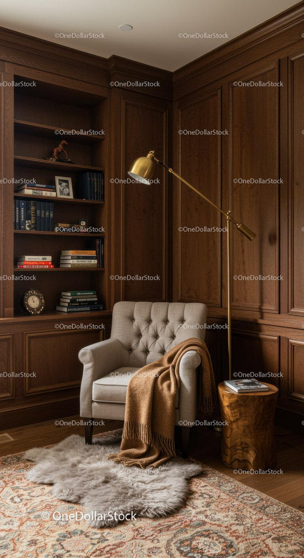 Cozy reading nook with classic armchair and warm blanket