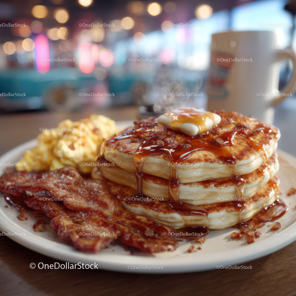 Stack of Fluffy Pancakes with Syrup and Bacon on a Breakfast Plate