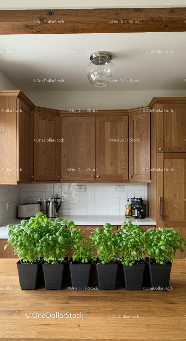 Kitchen with Wooden Cabinets and Fresh Basil Plants for Modern Home