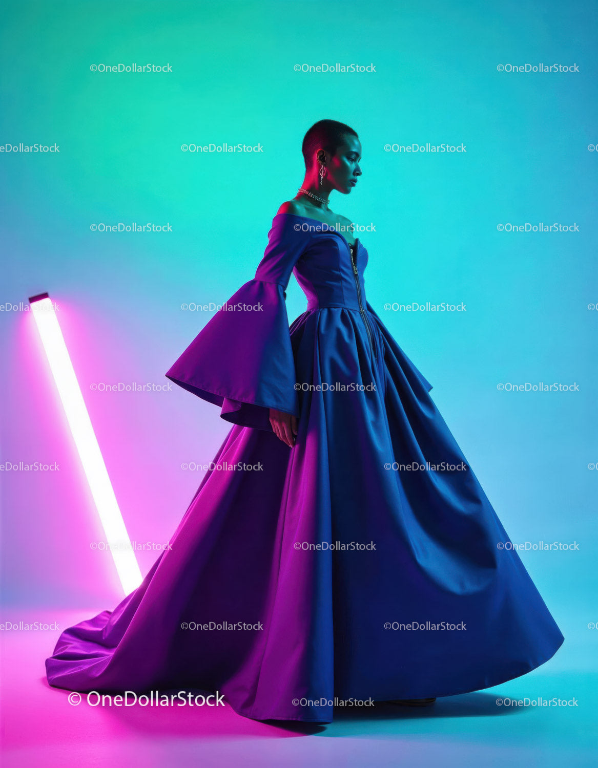 Fashion Model in Elegant Blue Gown with Vibrant Colorful Background