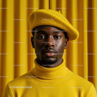 Stylish man wearing yellow beret and turtleneck sweater