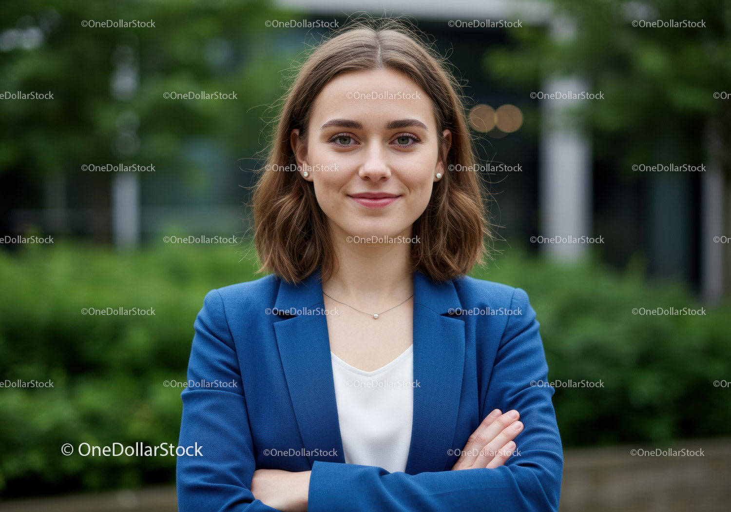 Uśmiechnięta młoda kobieta w niebieskiej marynarce na świeżym powietrzu w Green Park