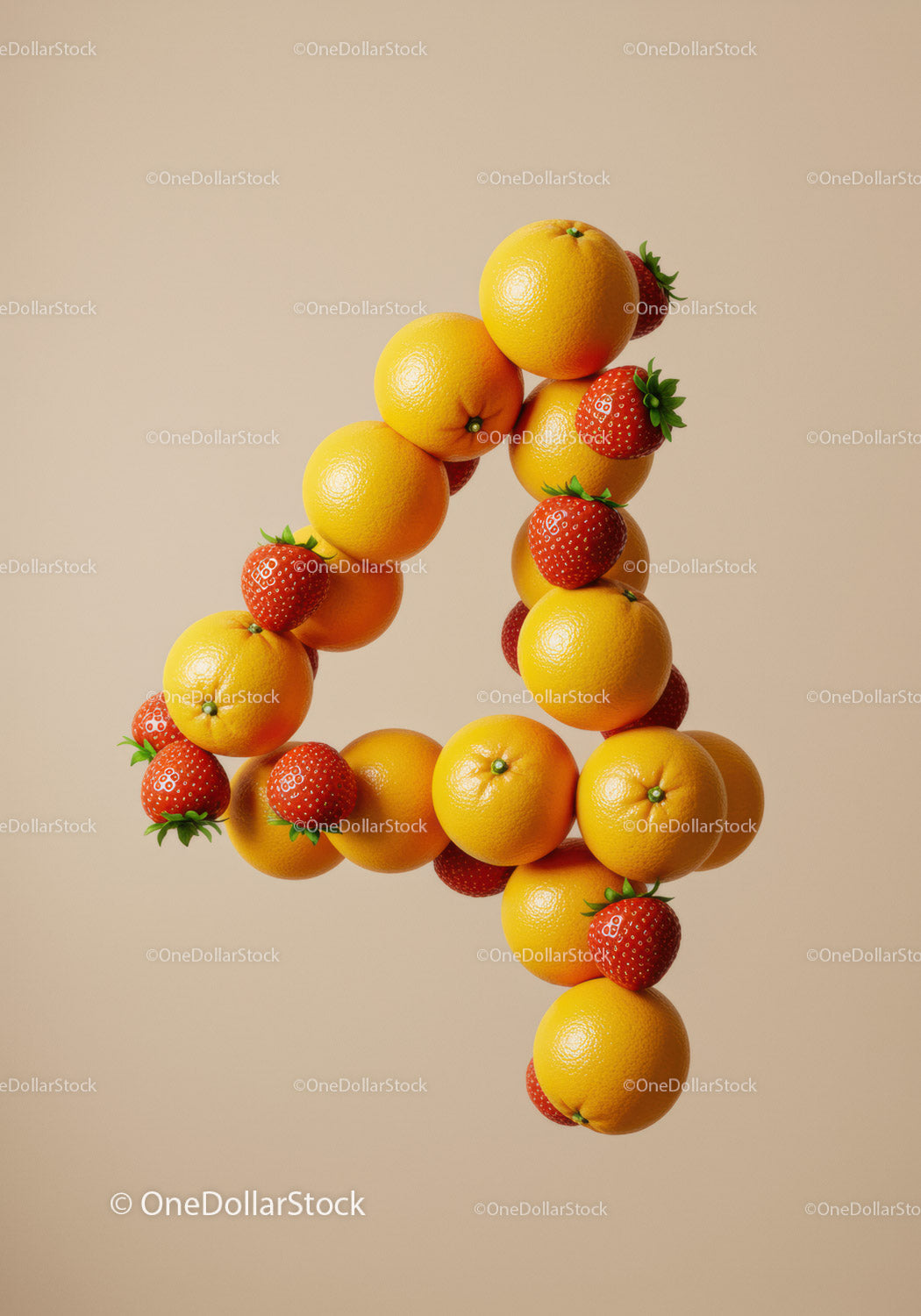 Number Four Composed of Oranges and Strawberries