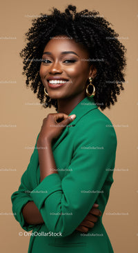 Elegant African American Woman in Green Blazer with Curly Hair and Gold Earrings