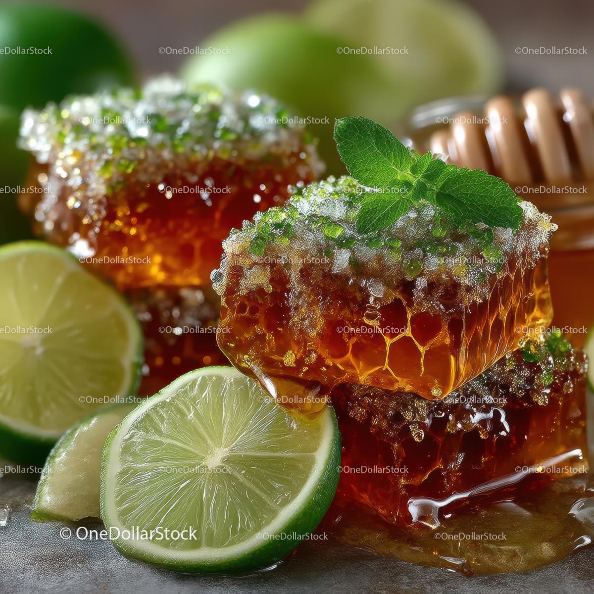 Delicious Honeycomb with Fresh Lime and Mint Leaves