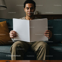 Man Sitting on Sofa Reading Large Blank Magazine