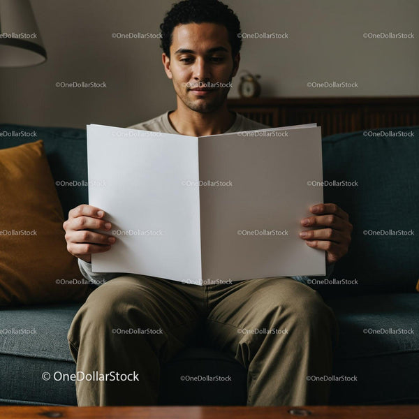 Man Sitting on Sofa Reading Large Blank Magazine JPG Mockup Image