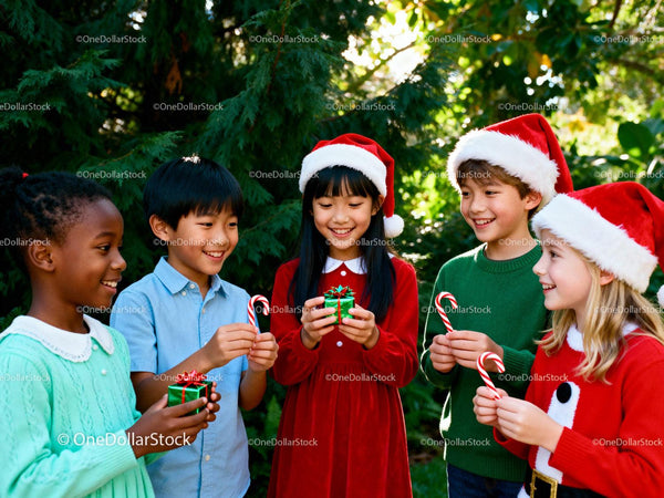 Children celebrating Christmas outdoors with gifts and candy