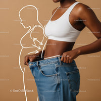 Young Woman in White Crop Top Holding Large Denim Jeans for Slimming Concept