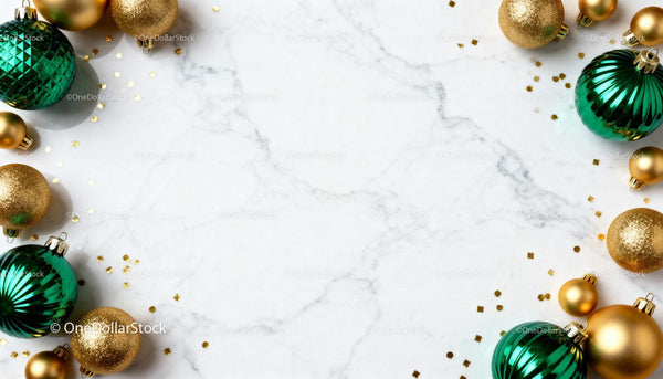 Festive Green and Gold Christmas Ornaments on Marble