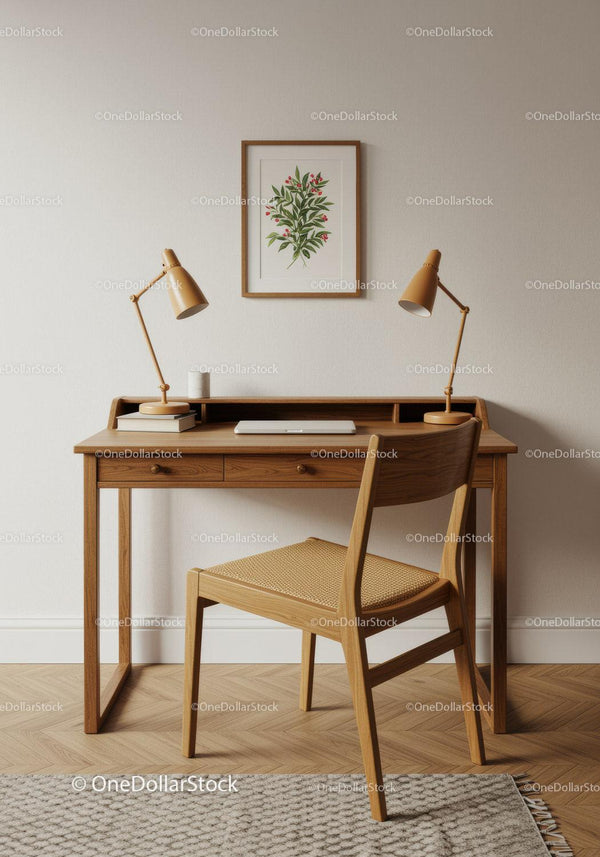 Warm Wooden Desk with Modern Accent Lamps and Botanical Wall Art