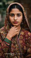 Elegant young woman in colorful traditional Indian attire with intricate embroidery