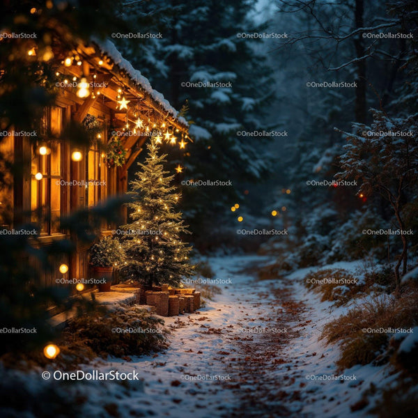 Cozy Winter Cabin with Lit Christmas Tree and Snow Path