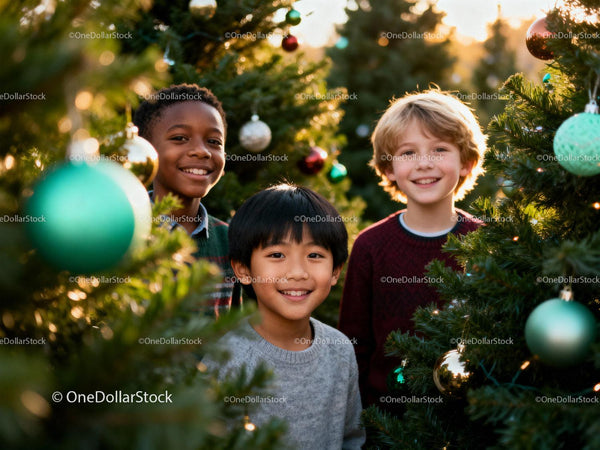 Smiling children enjoying a festive Christmas tree outing