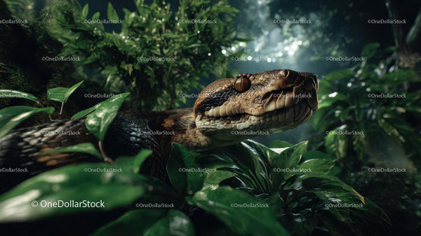Close-up of Brown Python Snake in Dense Jungle with Green Foliage