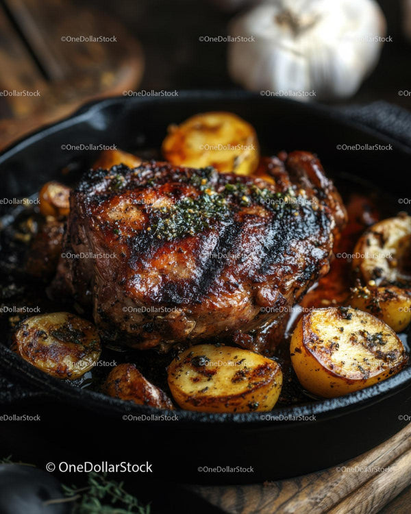 Hearty Roast Beef with Crispy Garlic Potatoes in Cast Iron Skillet