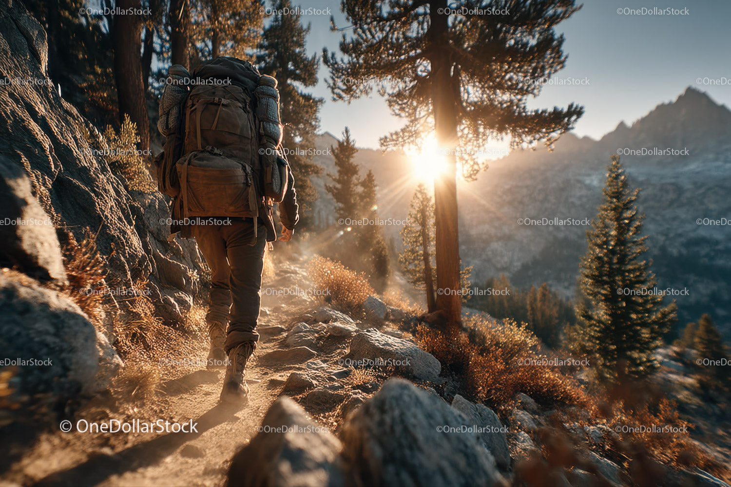 Hiker Trekking Through Rocky Mountain Trail at Sunset