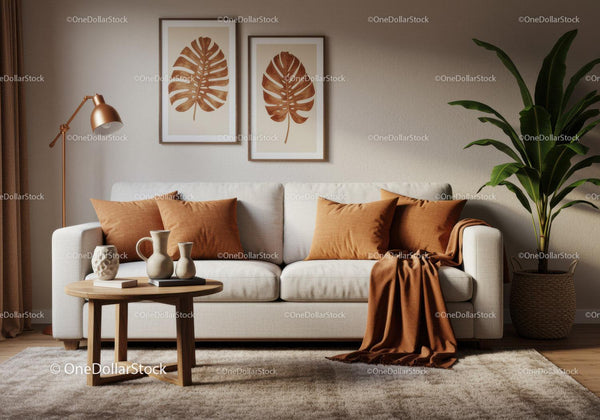 Cozy beige sofa with orange accents in modern living room