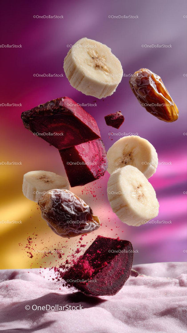 Vibrant Fruit Explosion with Banana, Beetroot, and Date in Motion