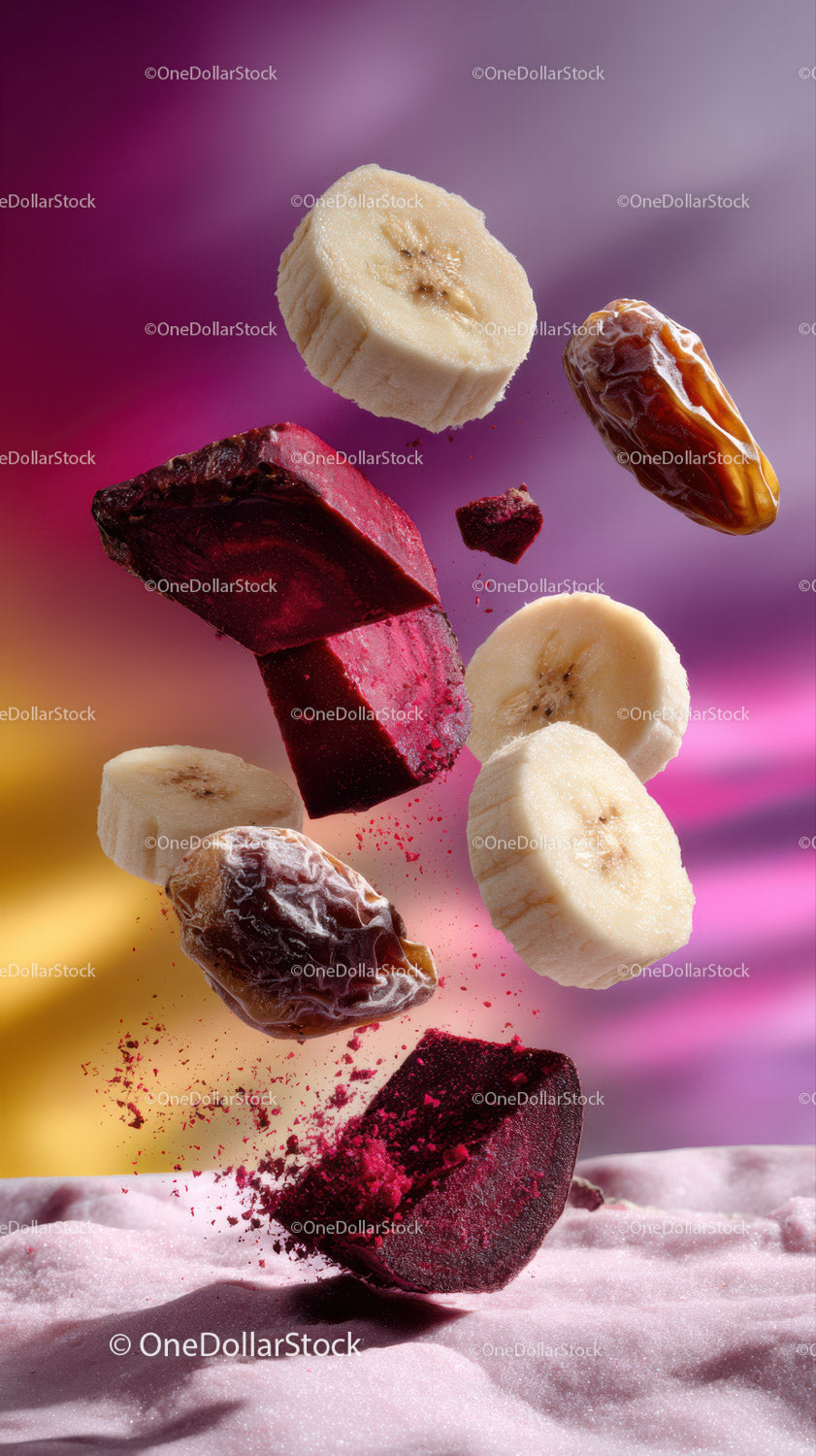 Vibrant Fruit Explosion with Banana, Beetroot, and Date in Motion