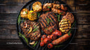 Assorted Grilled Meat and Vegetable Platter on Rustic Wooden Background