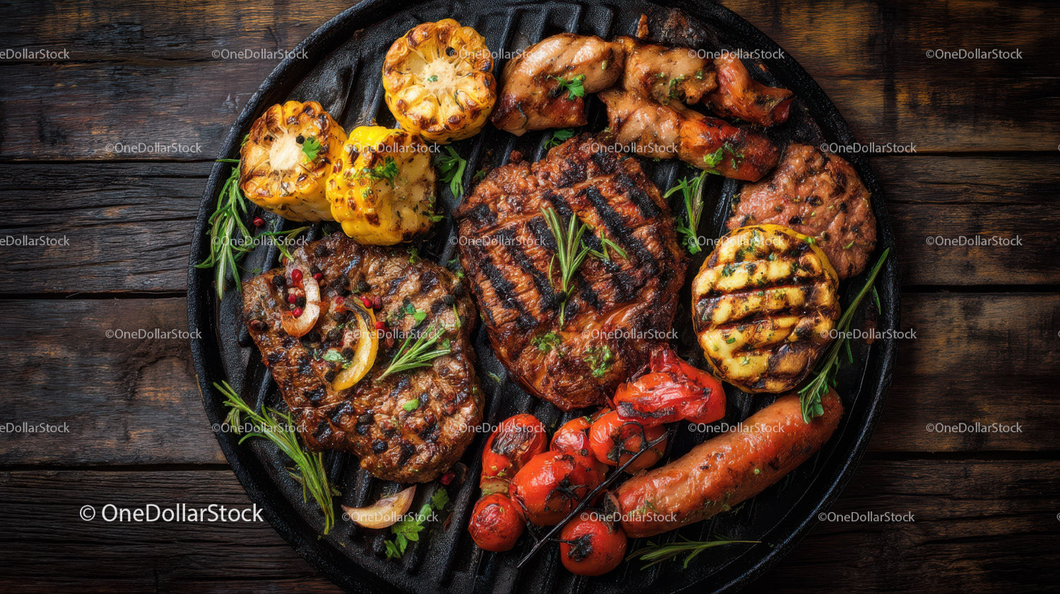 Assorted Grilled Meat and Vegetable Platter on Rustic Wooden Background