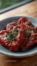 Fresh Roasted Red Bell Peppers with Parsley in a Rustic Bowl