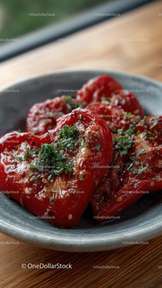 Fresh Roasted Red Bell Peppers with Parsley in a Rustic Bowl