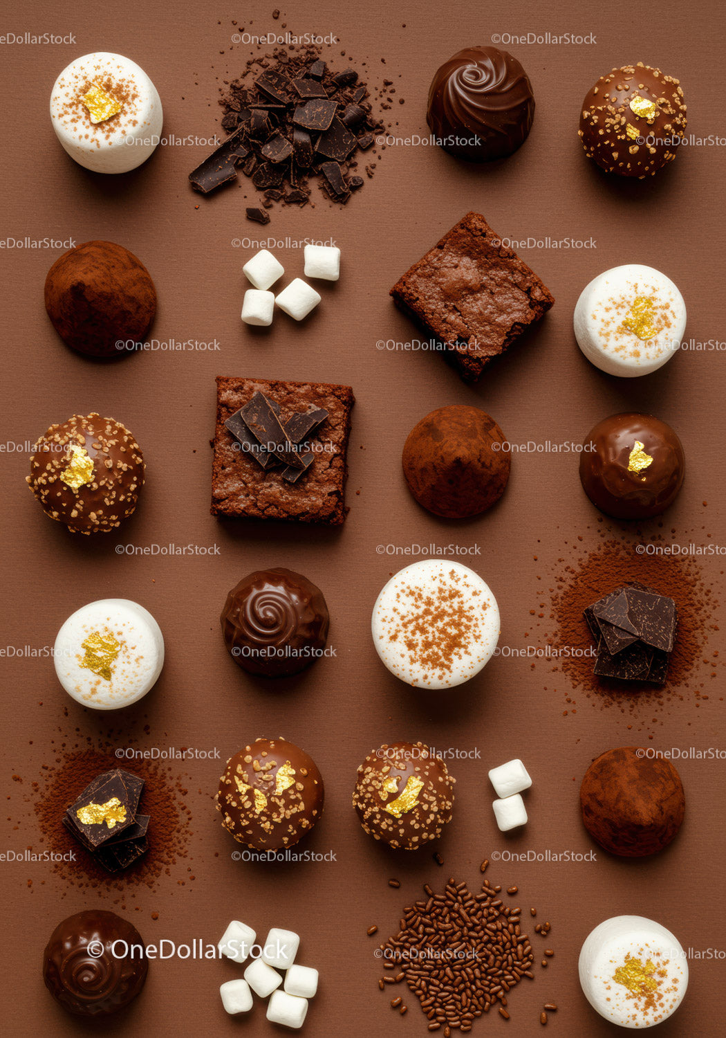 Assorted gourmet chocolates and sweet treats on brown table