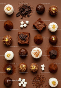 Assorted gourmet chocolates and sweet treats on brown table