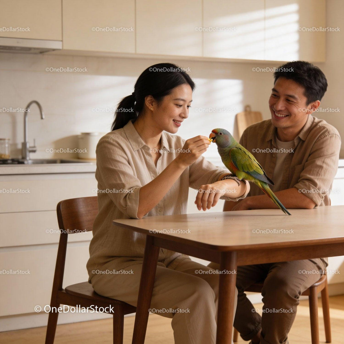 Couple Feeding a Colorful Parrot in Cozy Kitchen