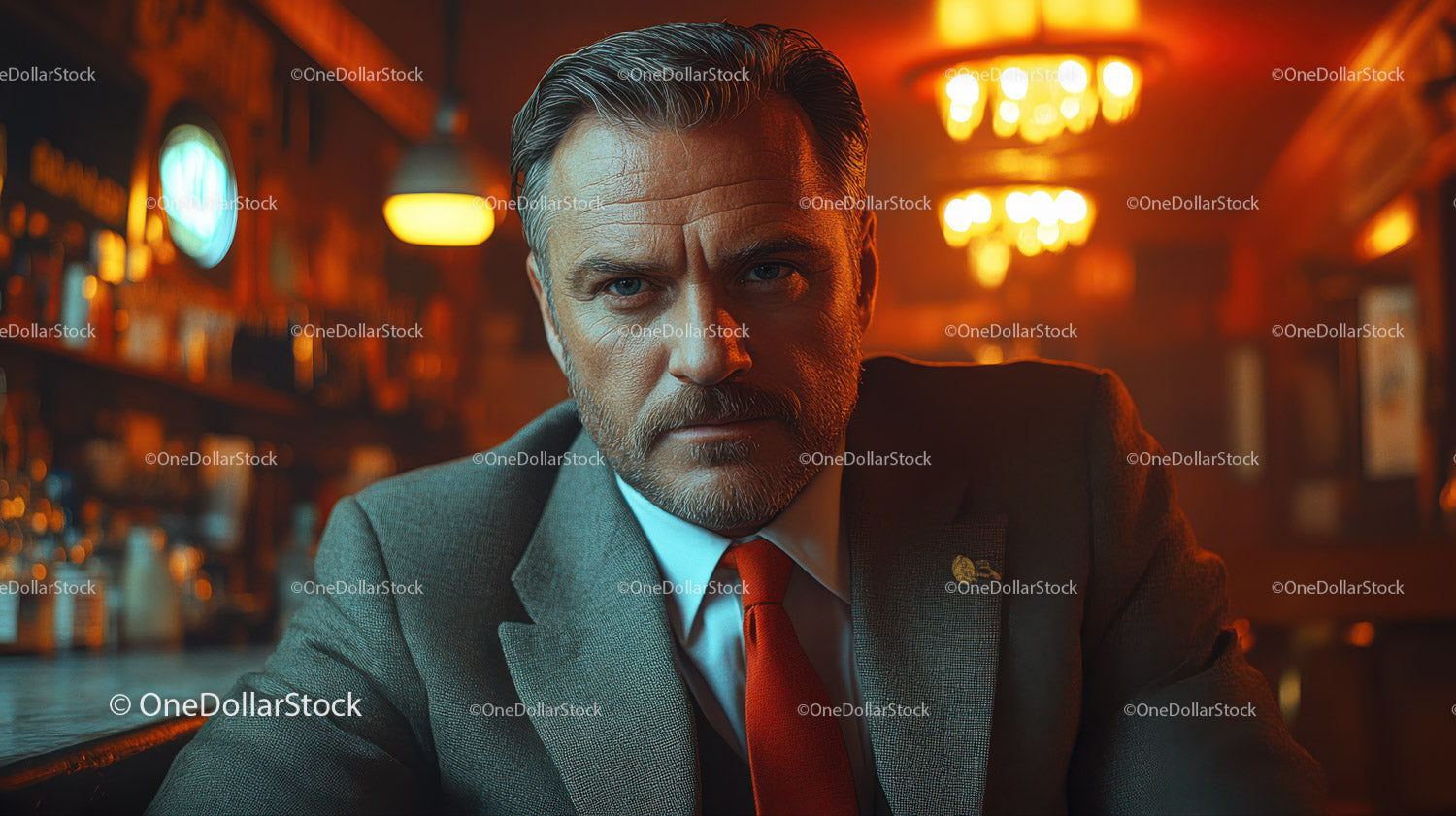 Confident Businessman with Intense Expression in Dimly Lit Bar