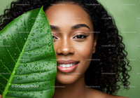 Beautiful Woman with Curly Hair and Tropical Green Leaves