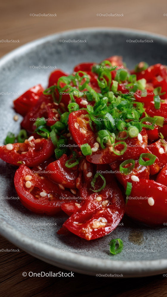Fresh Cherry Tomatoes and Green Onions on Rustic Plate