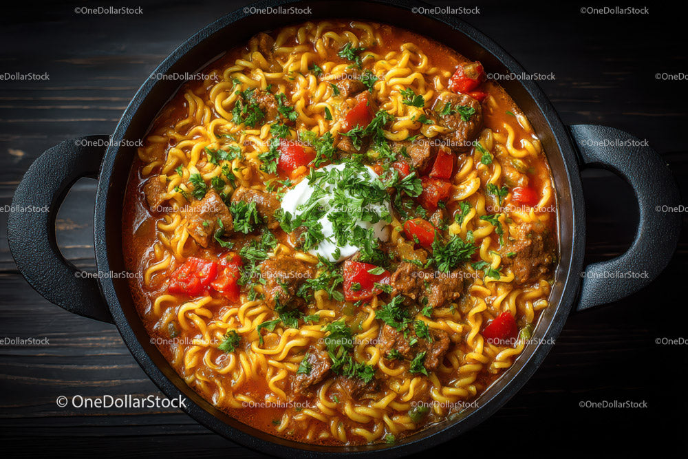 Spicy Beef Ramen Noodle Soup in Rustic Black Pot